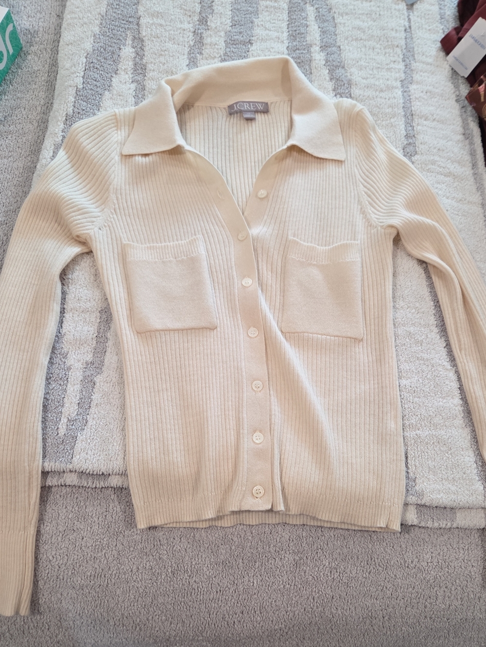 J. Crew Cream Ribbed Collared Button Cardigan